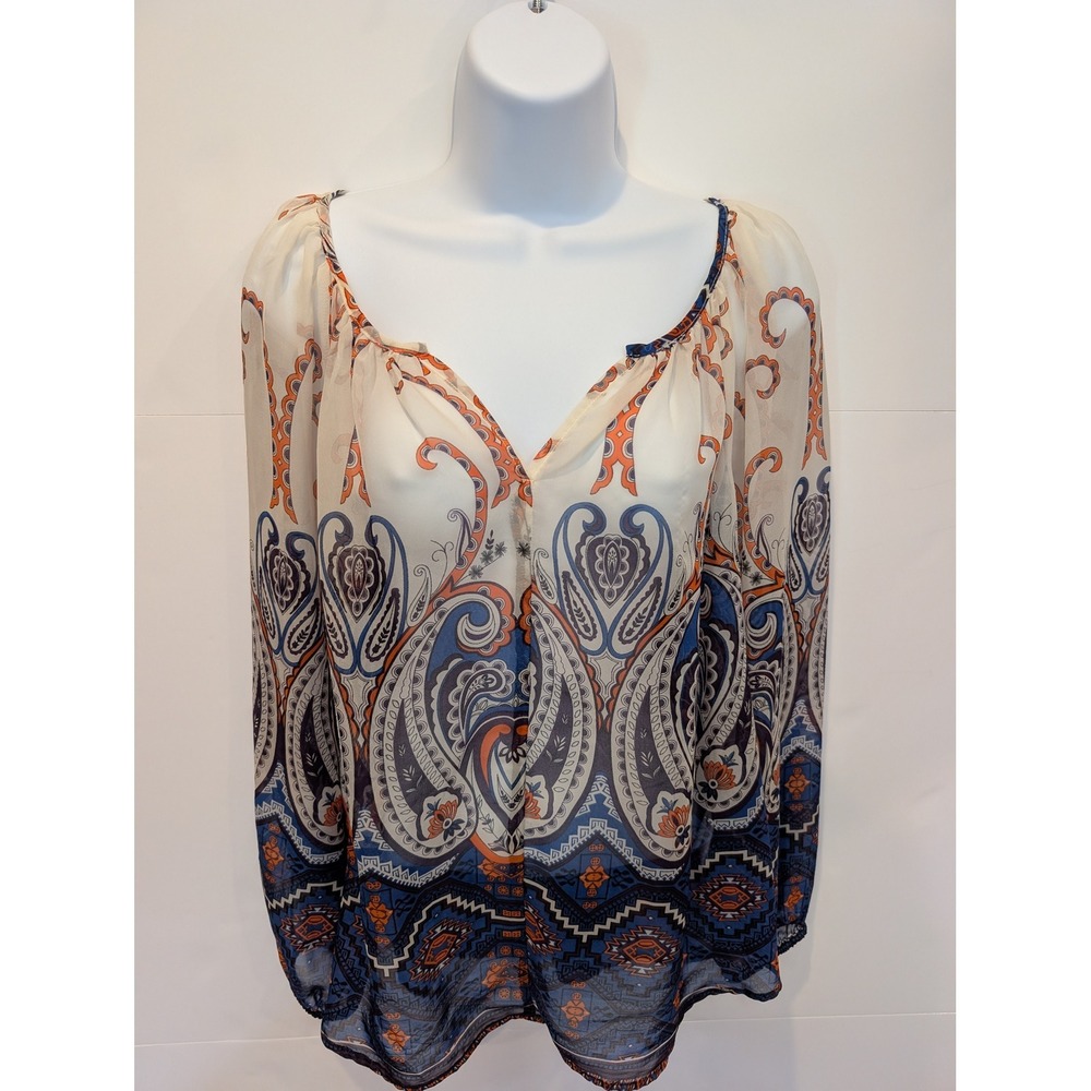 Karen Kane Womens Paisley Print Sheer Peasant Blouse Sz Medium Blue Orange